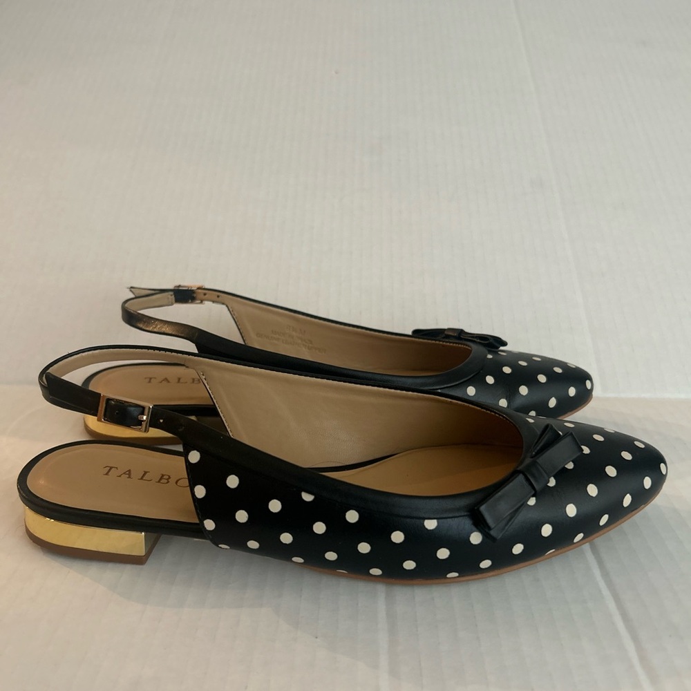 Talbots Edison Slingback Bow Flats Polka Dots Black & White Office siren
